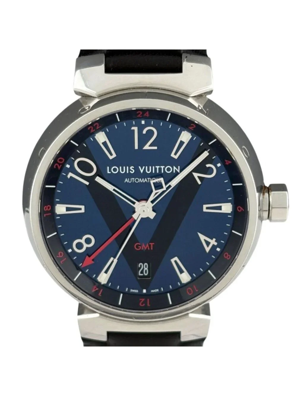 Louis Vuitton Tambour GMT Watch SS Leather Automatic Winding Blue
